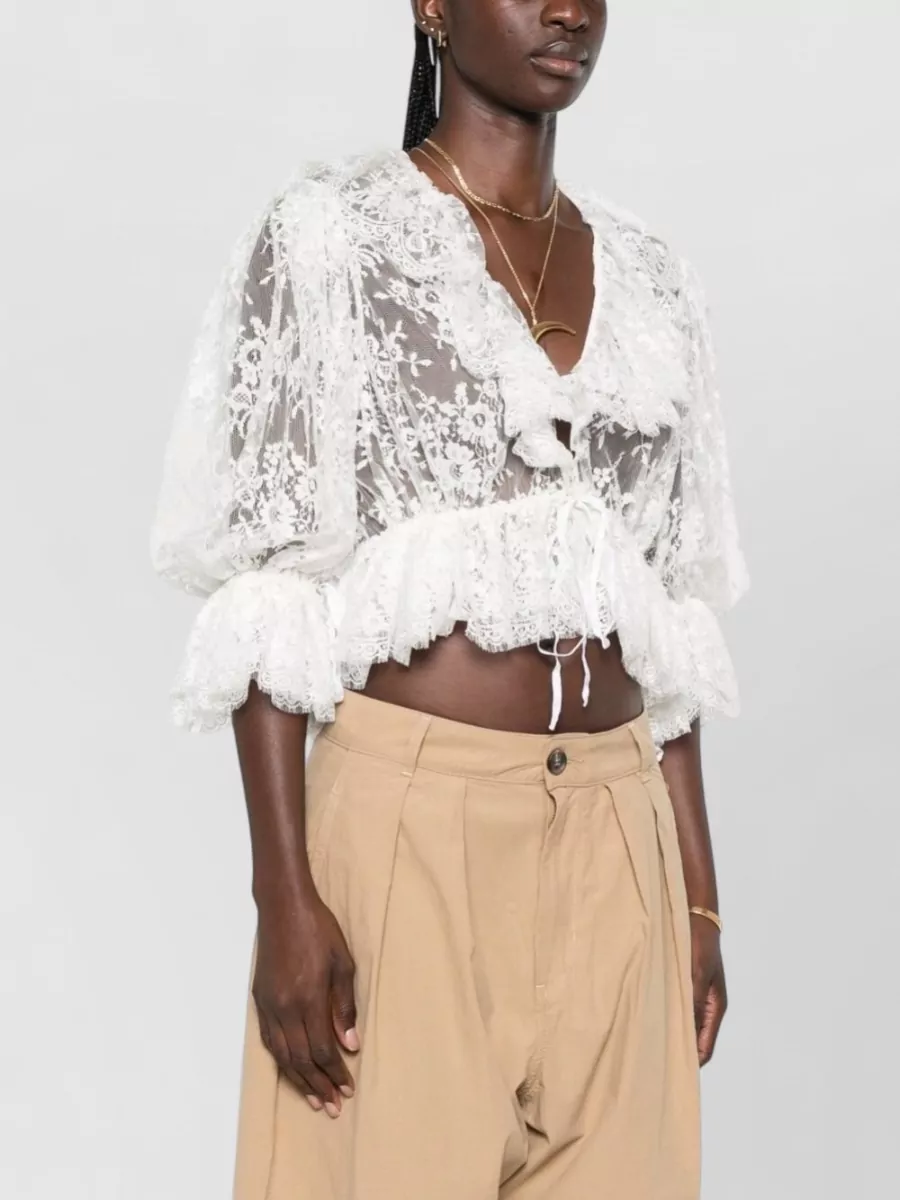 Chloé Silk V-Neck Cropped Puff-Sleeve Bodysuit