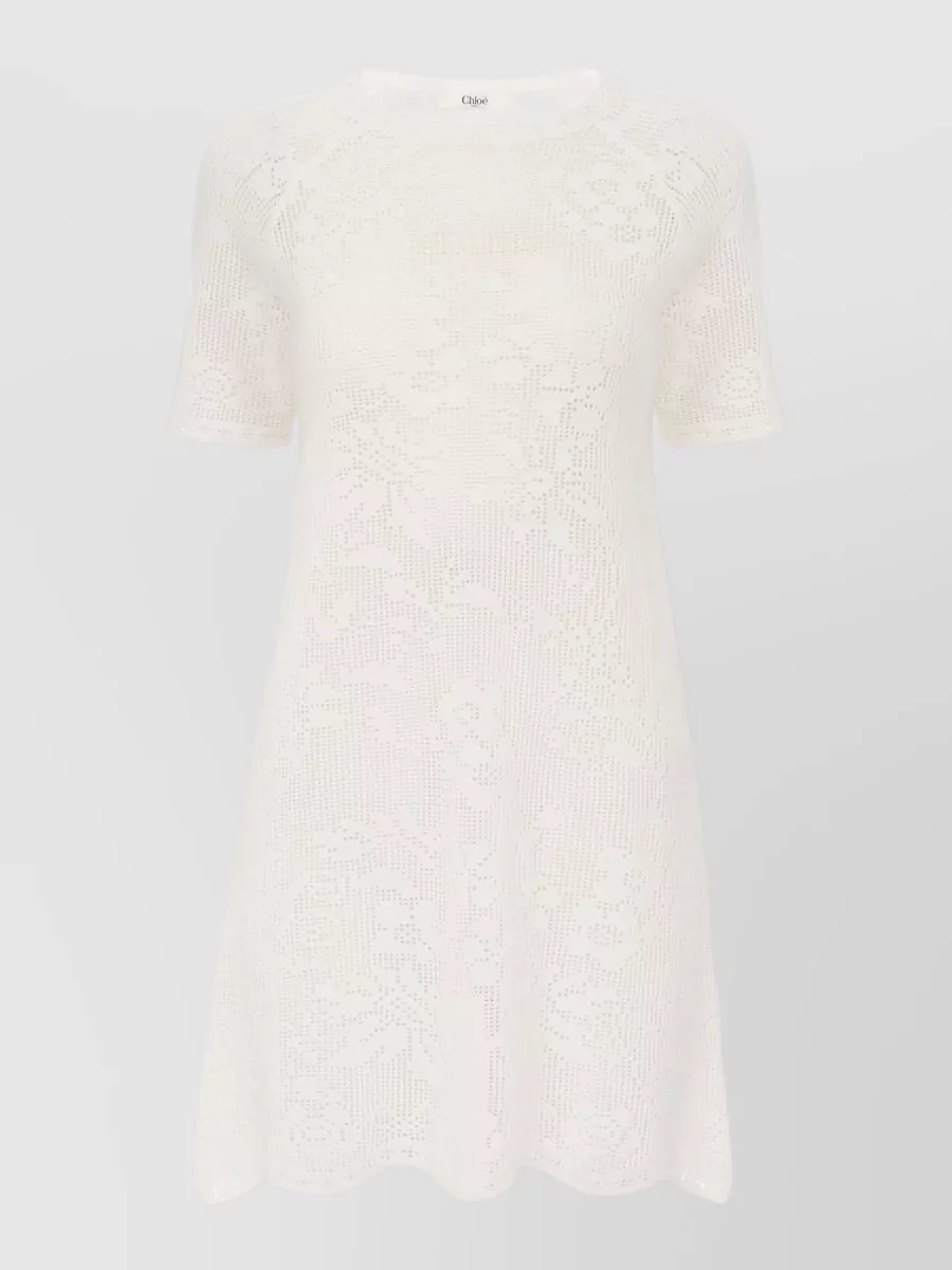 Chloé Crochet Floral Knit Short Dress Semi Sheer In Neutral
