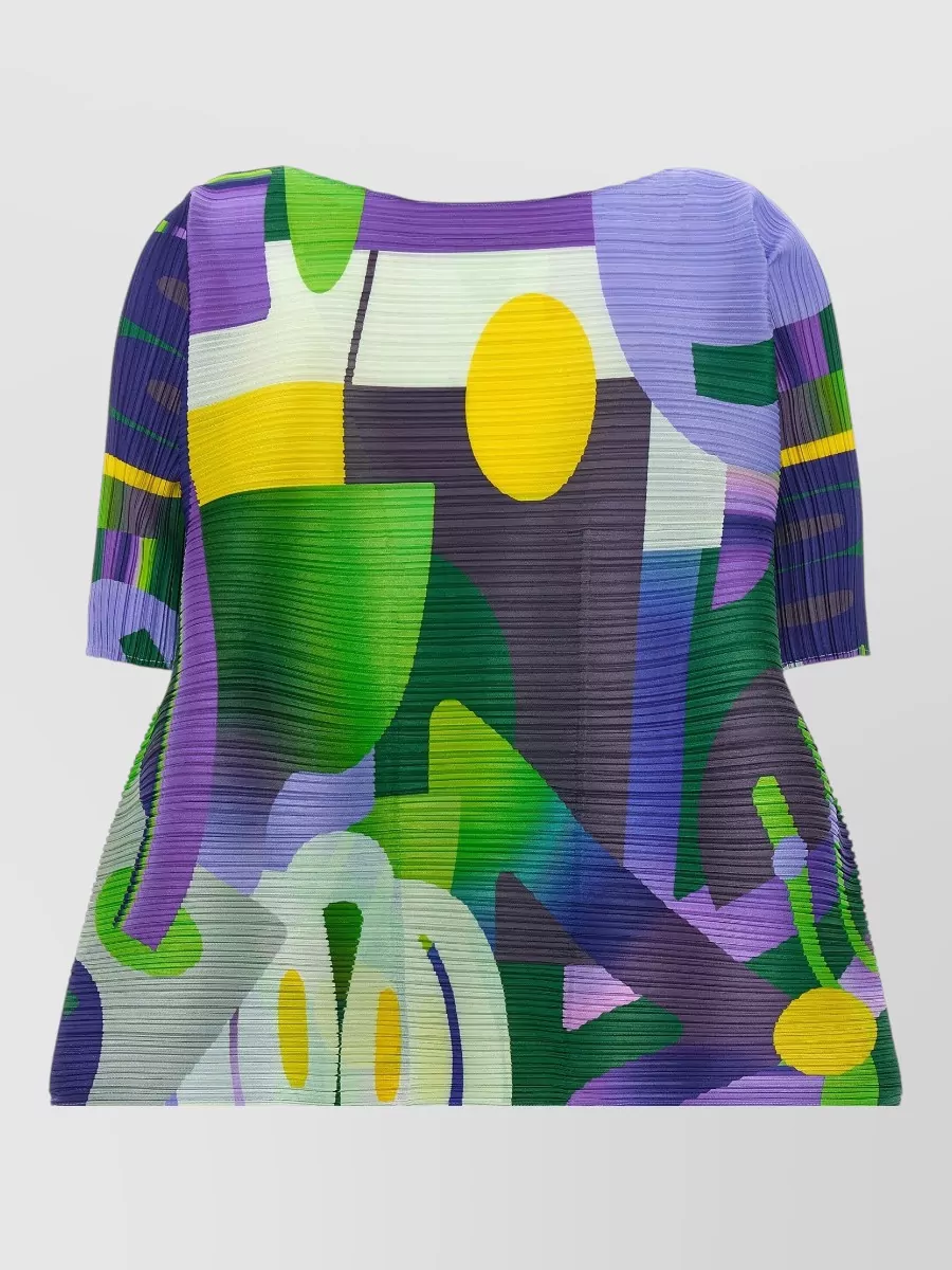 Pleats Please Issey Miyake Printed Pleated Boat Neck Short Sleeve Asymmetric Blouse