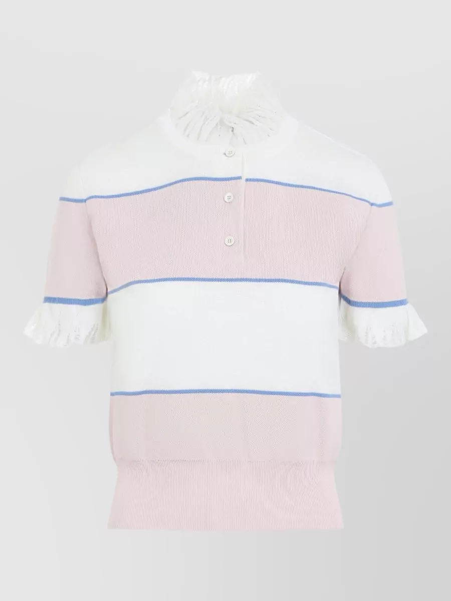 Alexander Mcqueen Striped Ruffled High-Neck Short-Sleeve Knitted Top