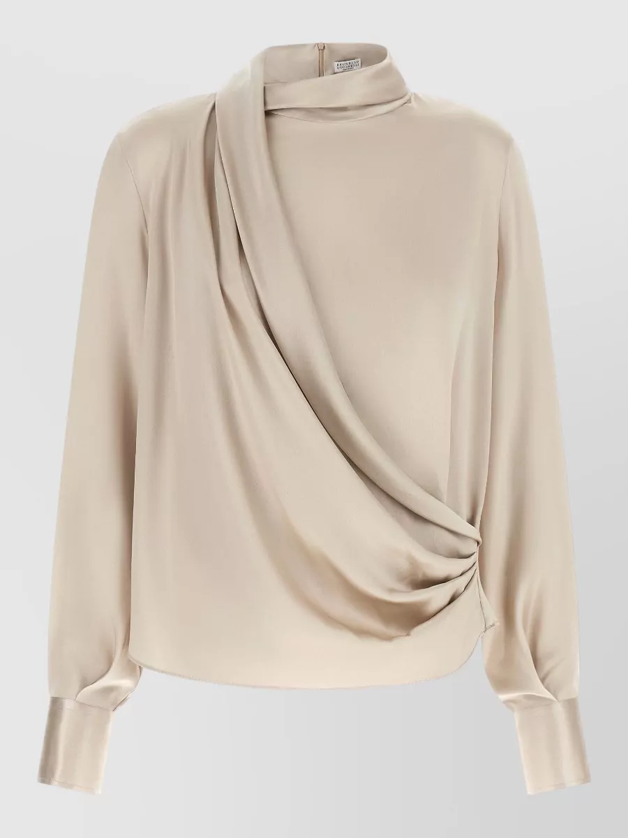 Brunello Cucinelli silk asymmetric draped high neck blouse