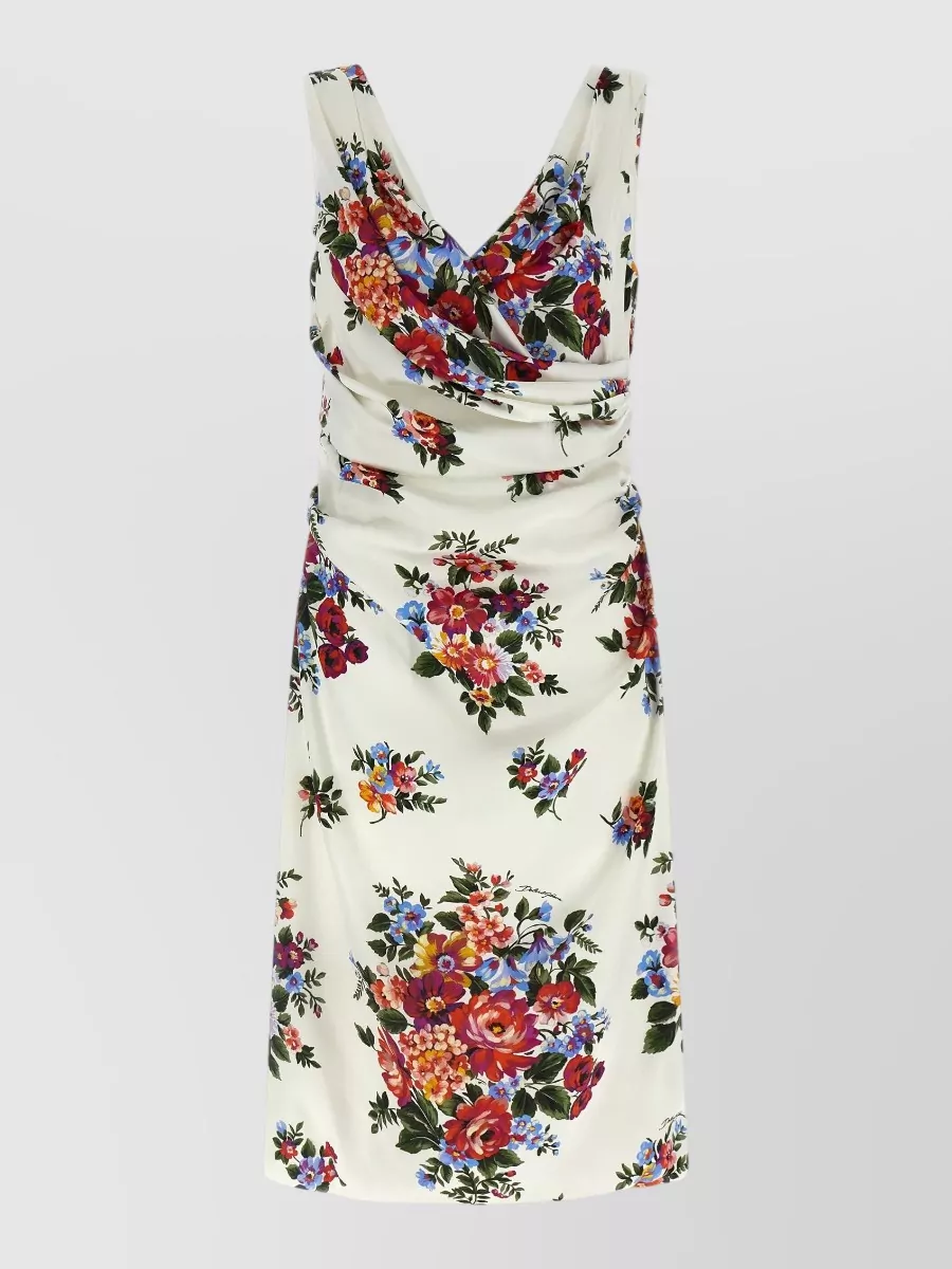 Dolce&Gabbana viscose satin floral print draped v-neck sleeveless knee-length dress