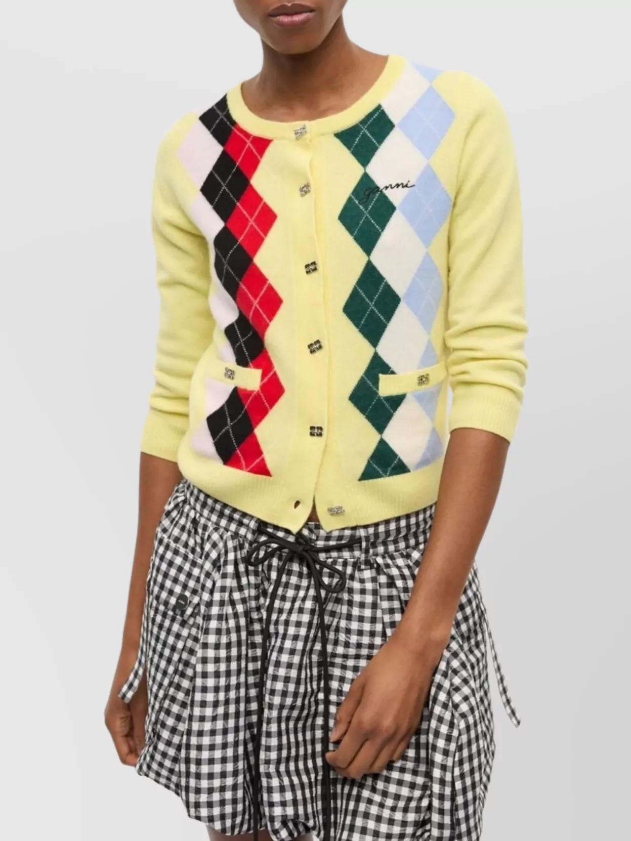 Ganni Knitwear Cardigan With Argyle Pattern And Pockets In Yellow