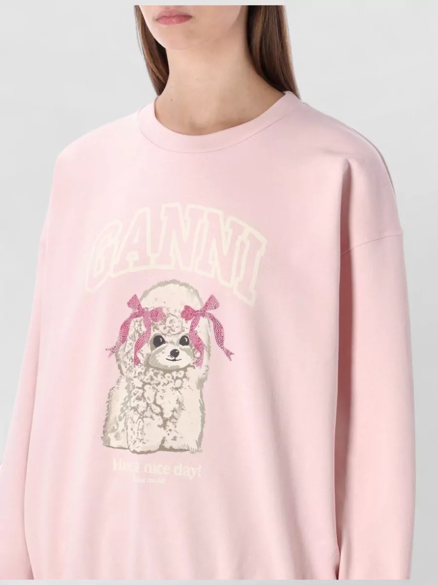 Ganni Crewneck Sweatshirt Playful Poodle Dog Motif