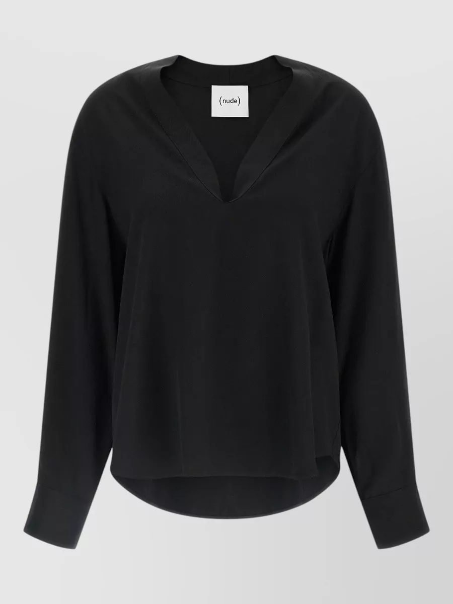 Nude viscose relaxed-fit v-neck long-sleeve blouse