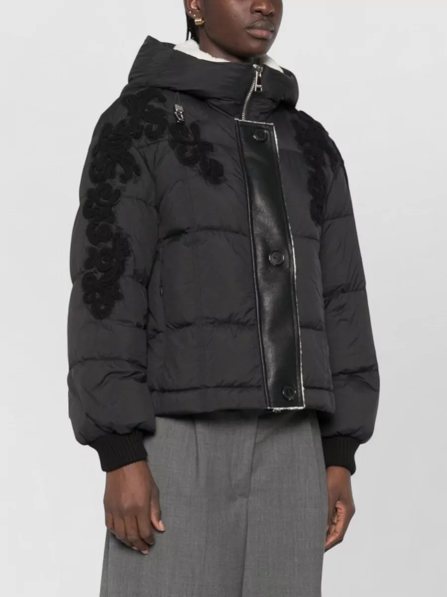 Ermanno Firenze Quilted Floral Appliqué Drawstring Hood Down Jacket