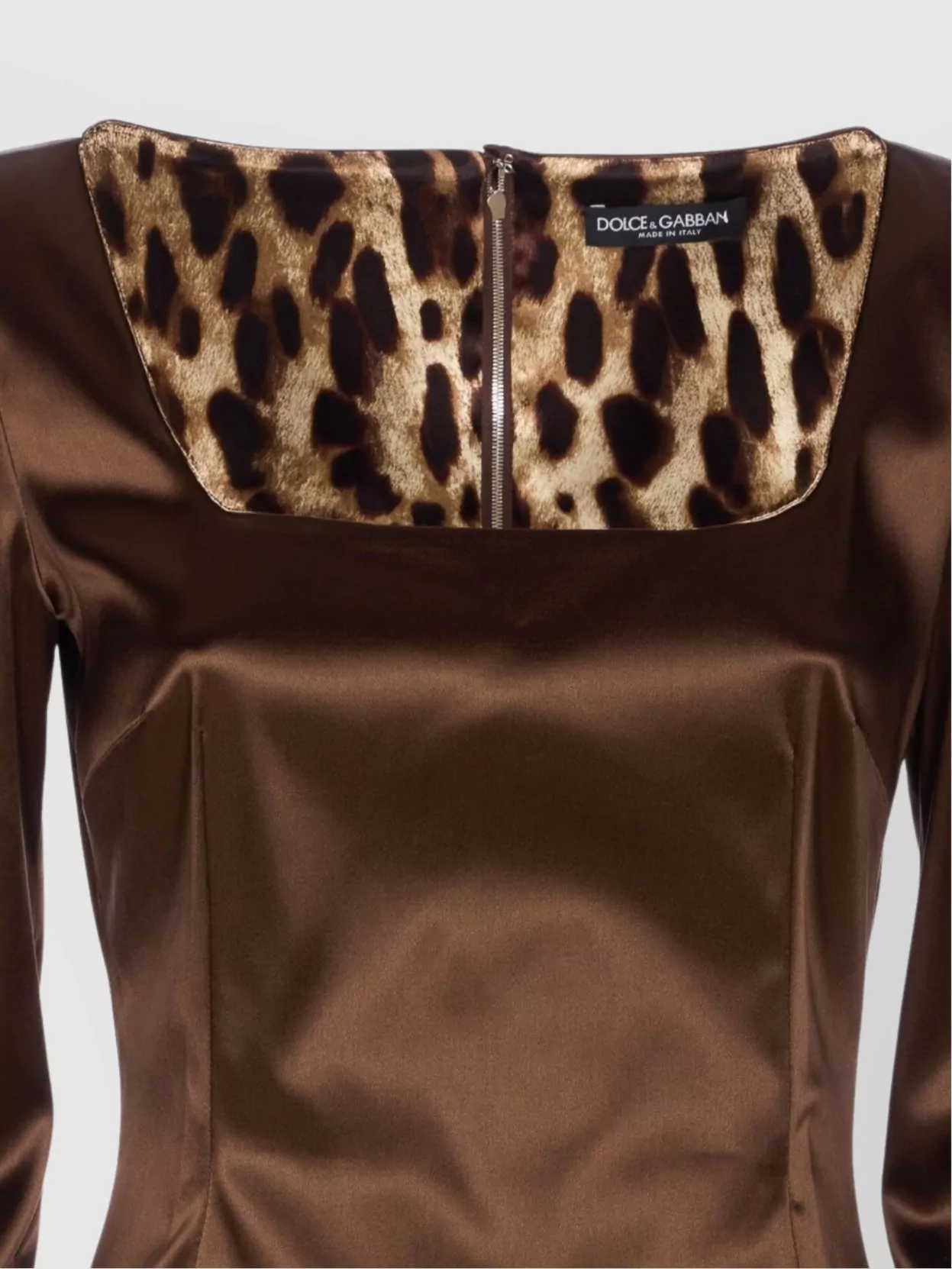 Dolce & Gabbana Long Sleeve Midi Dress With Animal Print Detail In Brown
