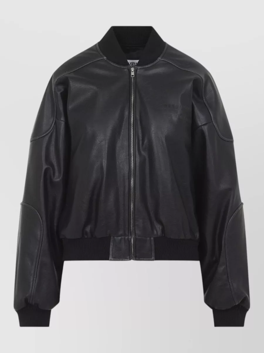 Mm6 Maison Margiela faux leather ribbed trim cropped bomber jacket