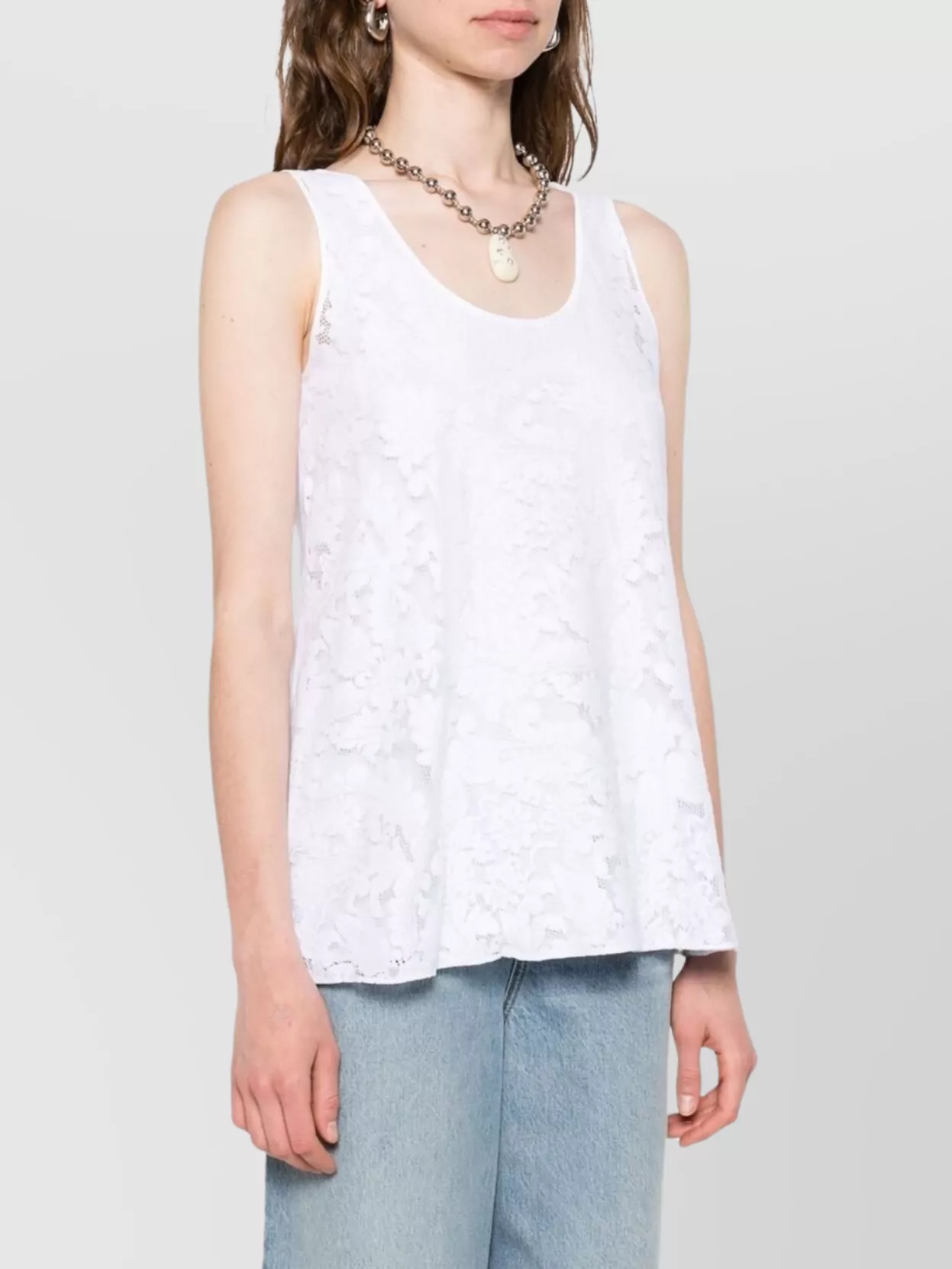 Max Mara Floral Lace Scoop Neck Sleeveless Top In White