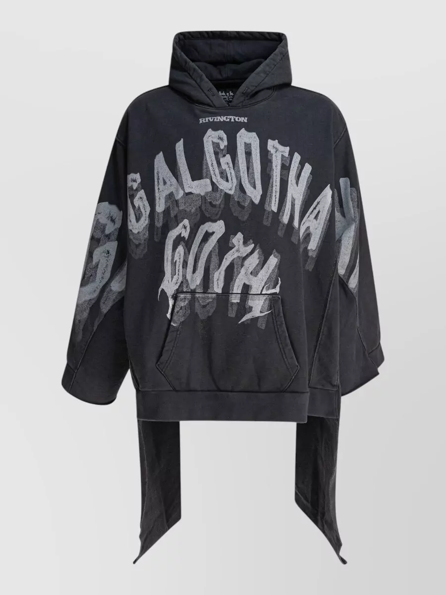 Rrr123 Longline Hooded Sweatshirt Asymmetrical Hem Graphic Pocket In Black