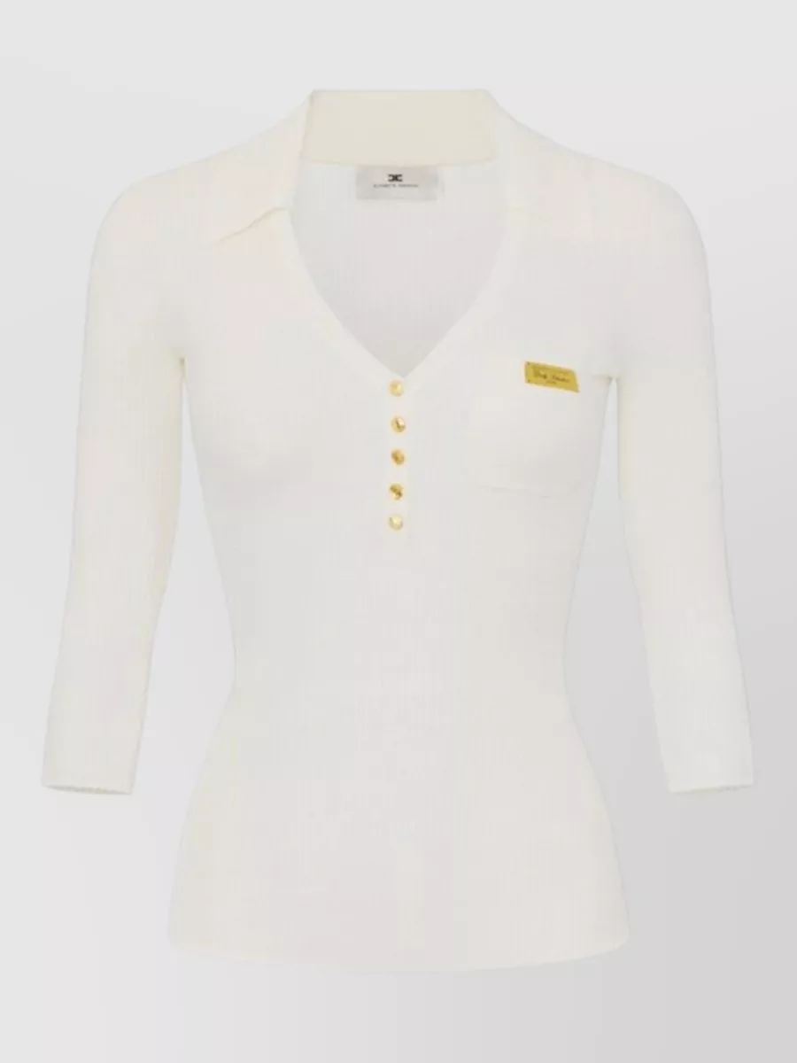 Elisabetta Franchi Silk-blend ribbed slim-fit long-sleeve polo top — The matching tweed blazer creates a polished skirt suit with identical charcoal bouclé, antique-gold buttons, and fringe, giving a cohesive Parisian cocktail set that aligns perfectly in formality and season.