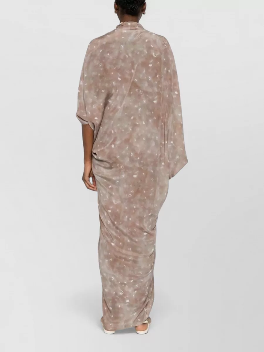 Cortana Silk V-Neck Asymmetric-Sleeve Side-Slit Pleated Maxi Dress