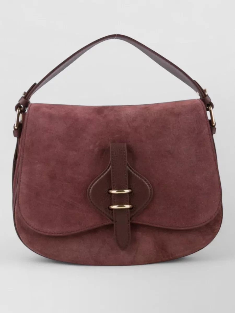 Coccinelle Calf suede shoulder bag — The dusty burgundy Coccinelle shoulder bag in slot G picks up the cardigan’s marled wine tone, tying the palette together with a polished but still soft silhouette.