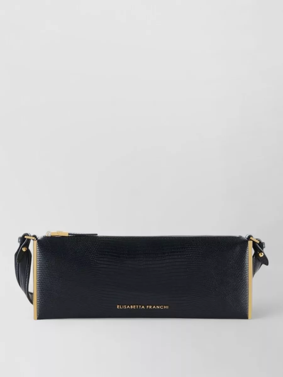 Elisabetta Franchi Lizard embossed faux leather clutch bag — The Totême croc-embossed rectangular bag brings a glossy, structured counterpoint to the clean dress, matching the modern minimal mood and evening formality without competing for attention.
