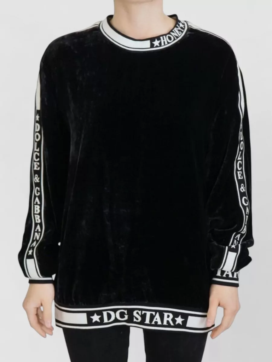 Dolce & Gabbana Velvet Crewneck Pullover Sweater Relaxed Fit In Black