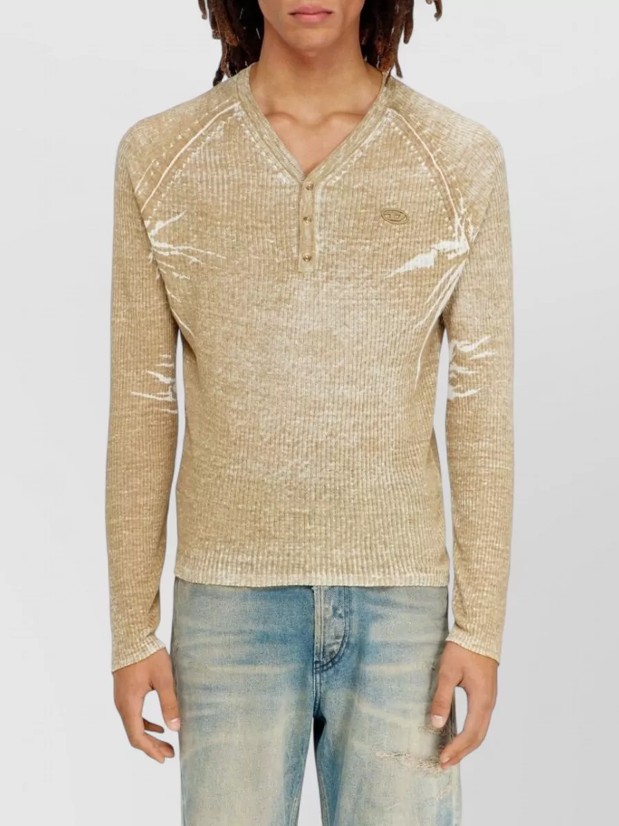 Diesel Linen Ribbed V-Neck Long-Sleeve T-Shirt