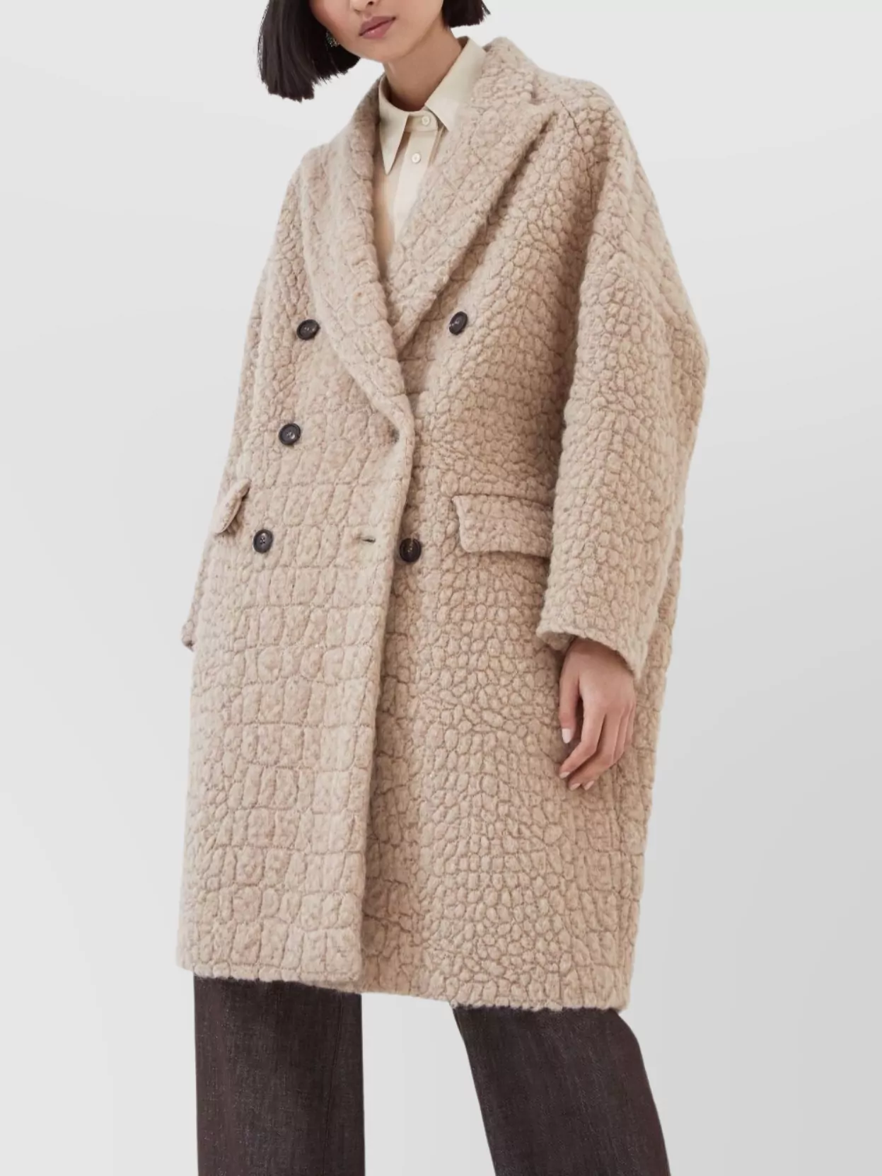 Brunello Cucinelli Boucle Double-breasted Coat Sequin Embellishment In Neutral