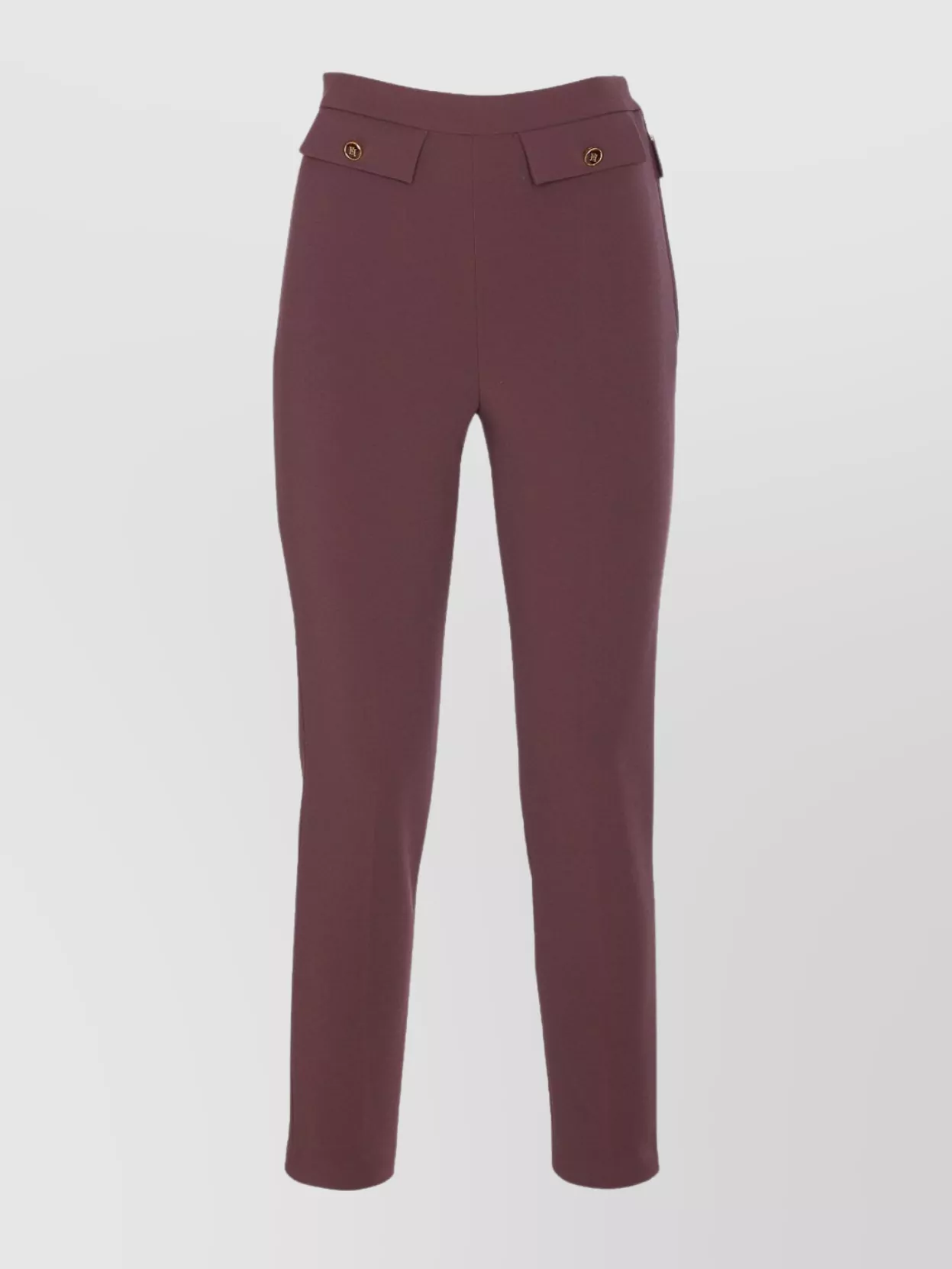 Elisabetta Franchi High Waist Tight Fit Trousers With Gold Button Detail In Burgundy