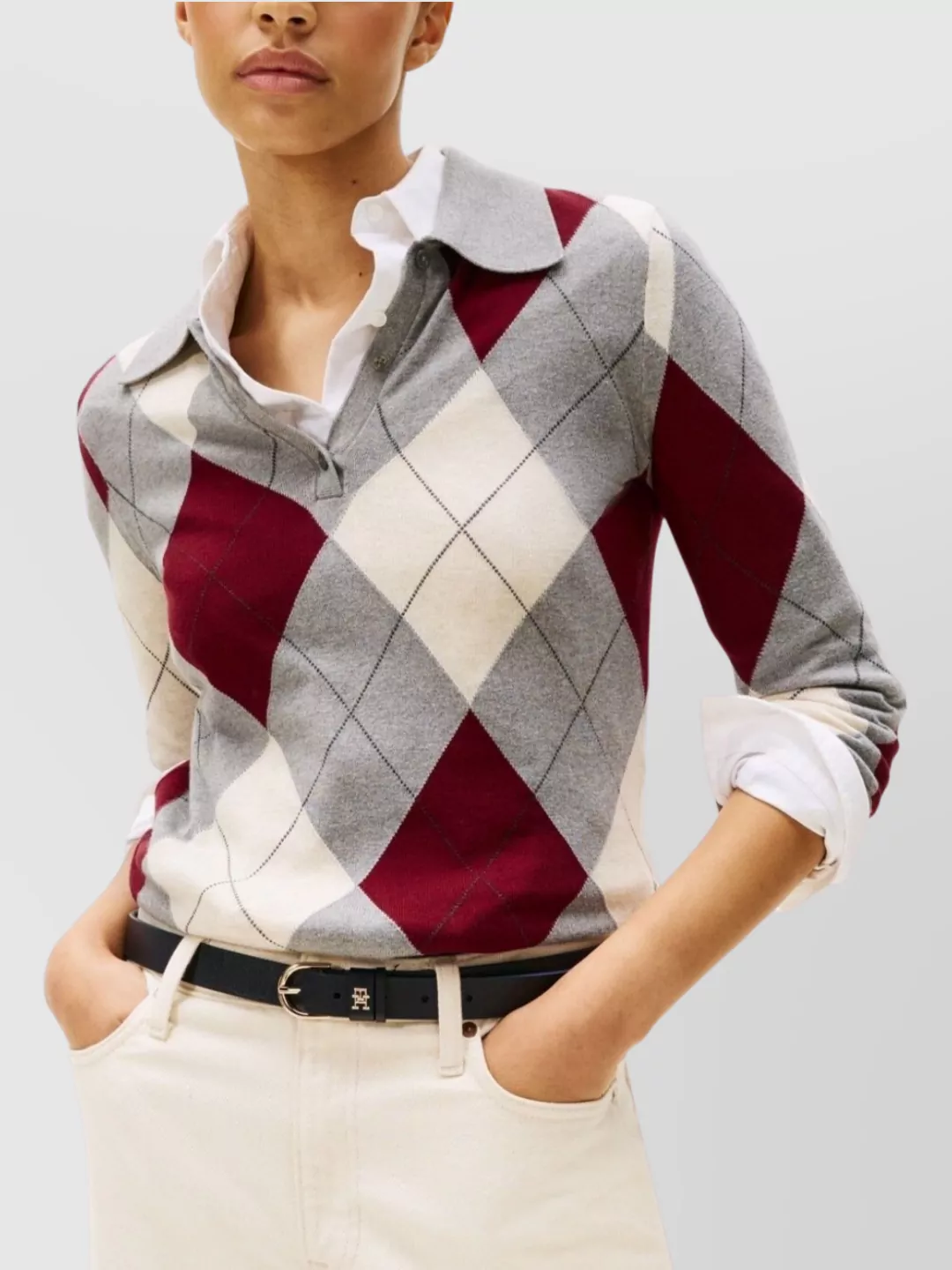 Tommy Hilfiger Argyle Pattern Collared Cotton Long Sleeve Top