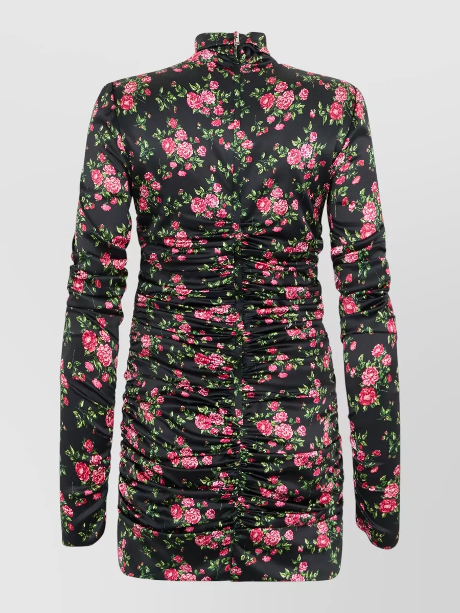 Dolce&Gabbana Silk Floral-Print Draped Long-Sleeve Short Dress