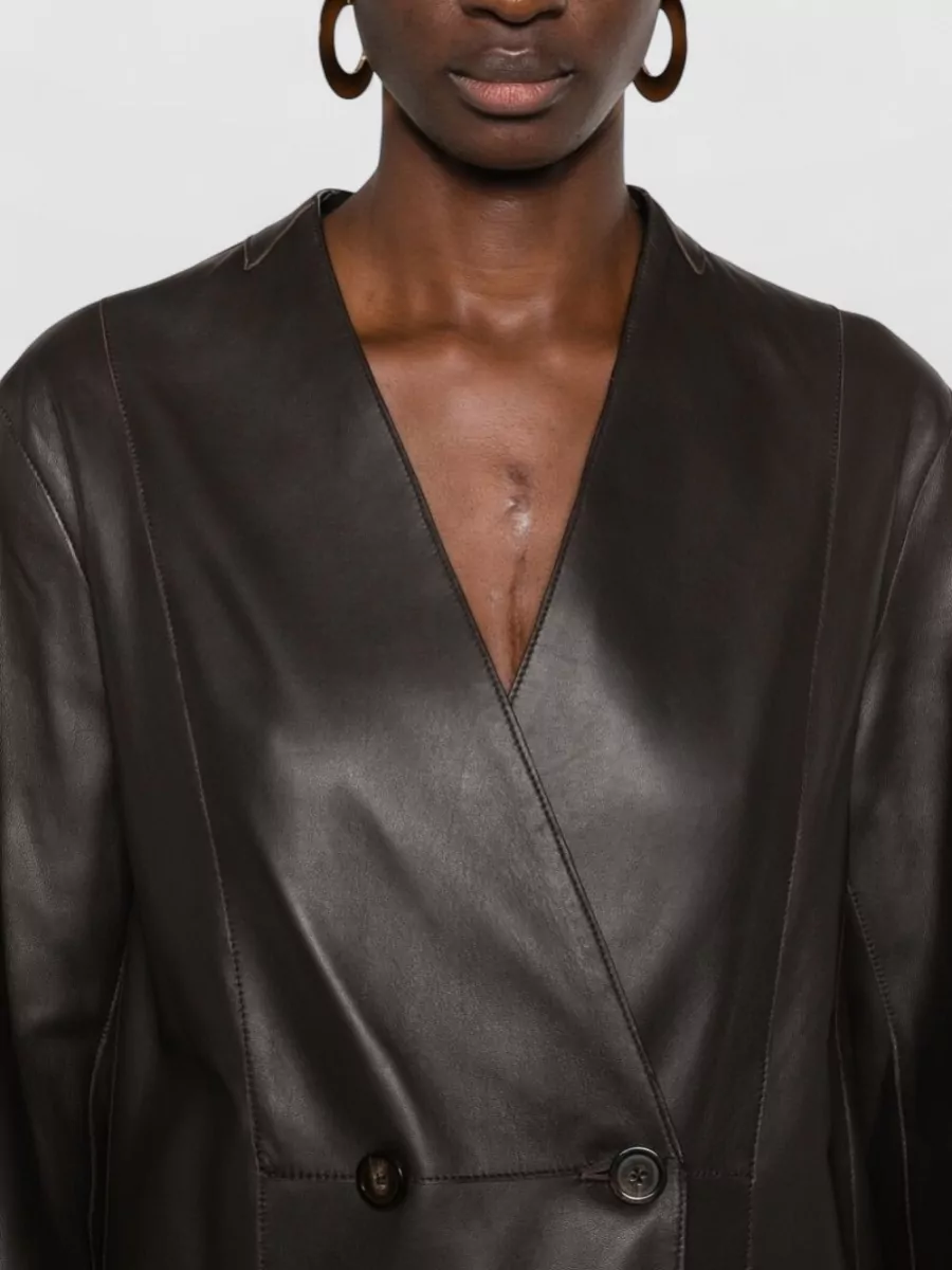 Emporio Armani Leather Blazer Jacket V Neck Long Sleeves