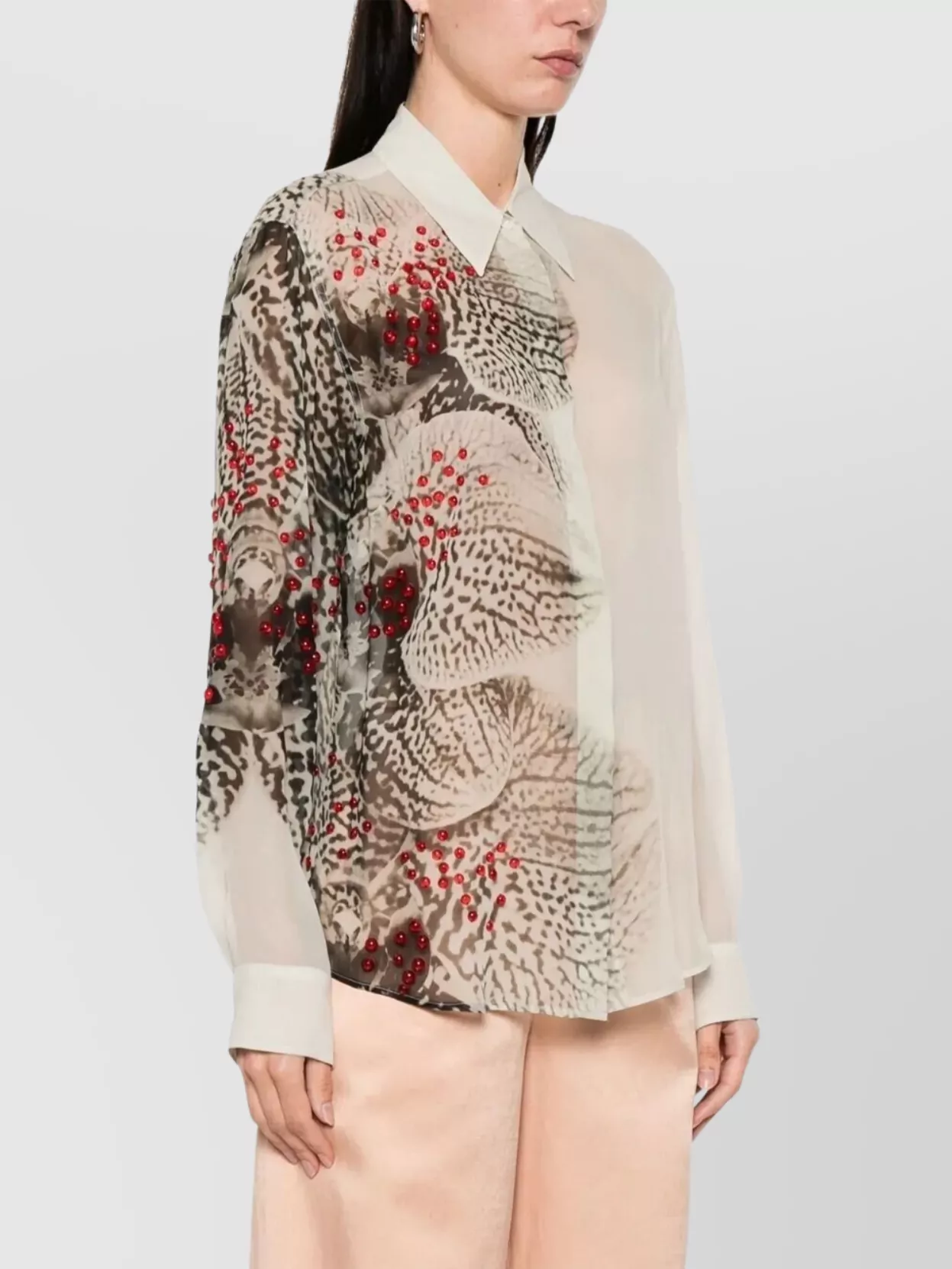 Shop Dries Van Noten Abstract Print Beaded Collared Sheer Shirt