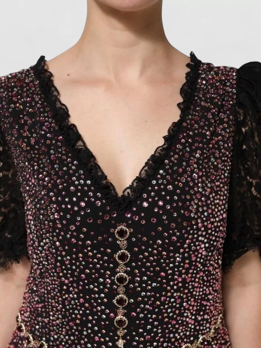 Dolce&Gabbana Crystal Embellished Lace V-Neck Slim-Fit Maxi Dress