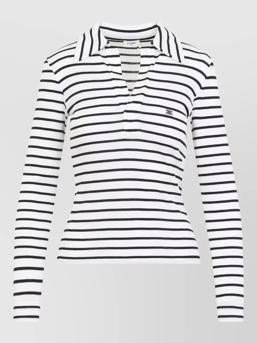 Celine Silk striped long-sleeve polo shirt — The off white and black ribbed polo echoes the skirt’s camel-black-off white palette and preppy quiet luxury mood while its slim fit balances the structured mini without adding competing pattern.
