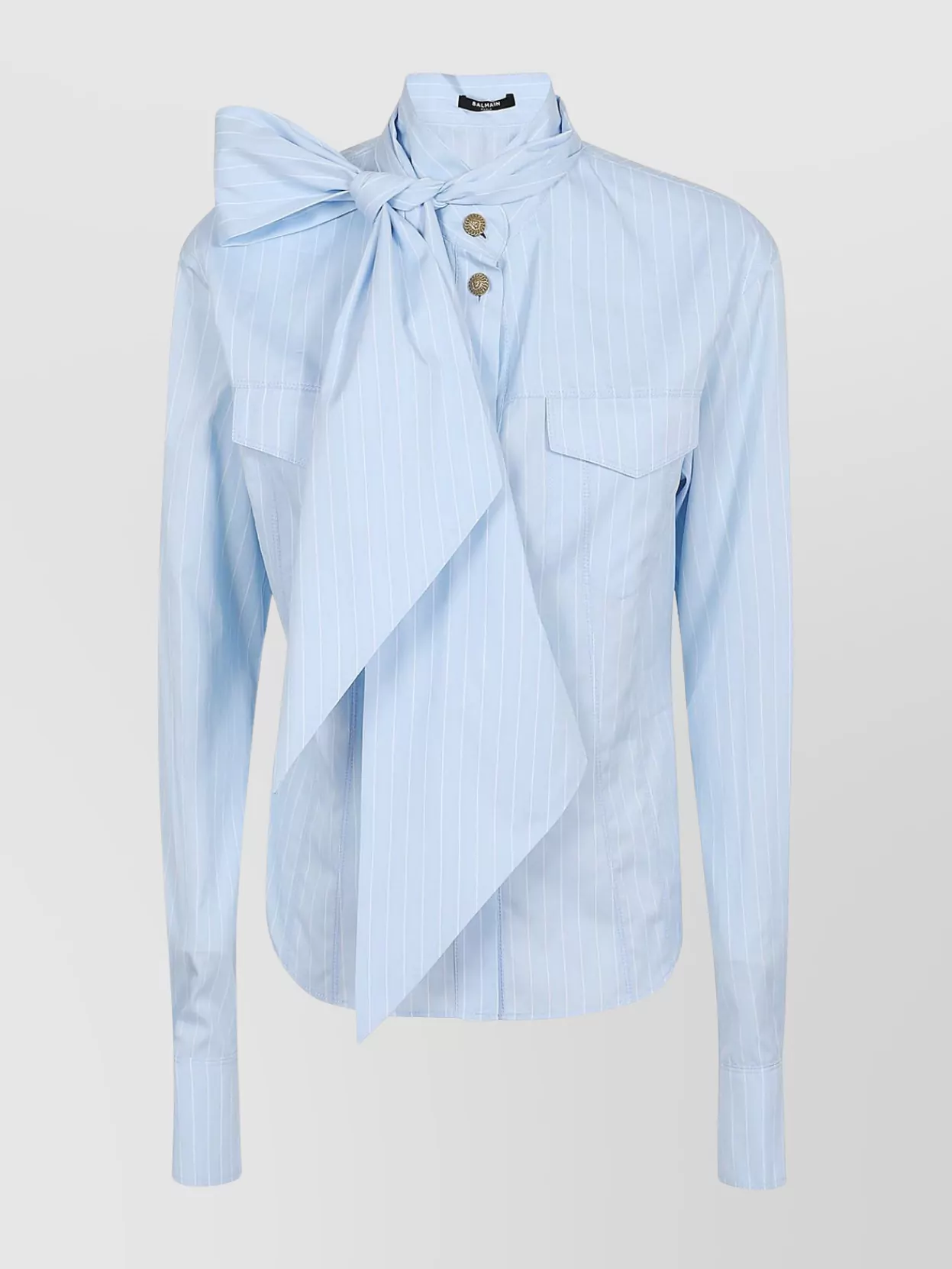 Shop Balmain Striped Cotton Popeline Shirt With Bow Detail