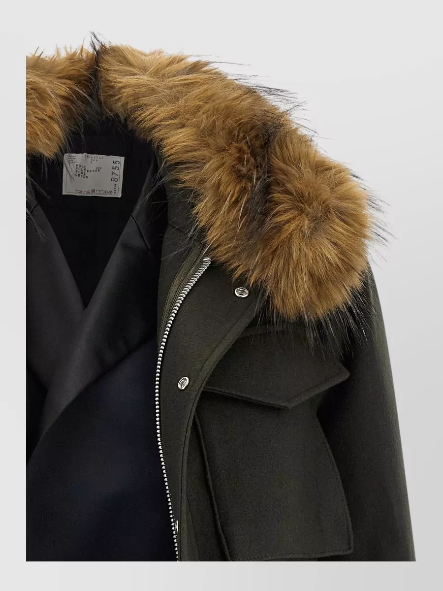 Sacai Wool Faux Fur Collar Military Coat