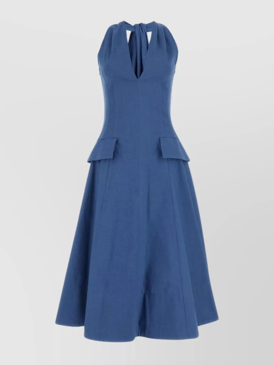 Shop Bottega Veneta Cotton Dress With Halterneck And Pleated Skirt In Blue