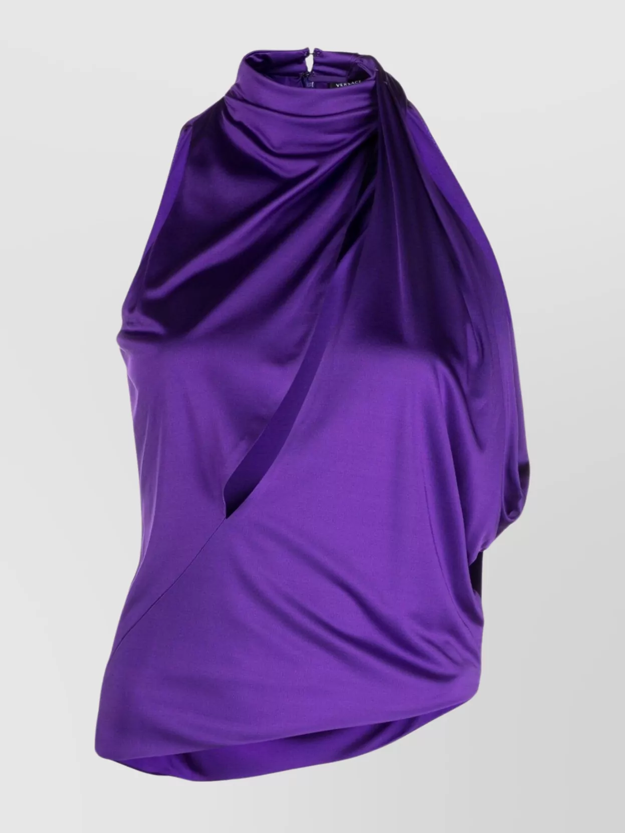Shop Versace Draped High Neck Sleeve Top In Purple