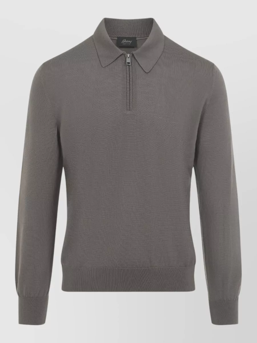 Brioni Wool Long-Sleeve Zip Polo Sweatshirt