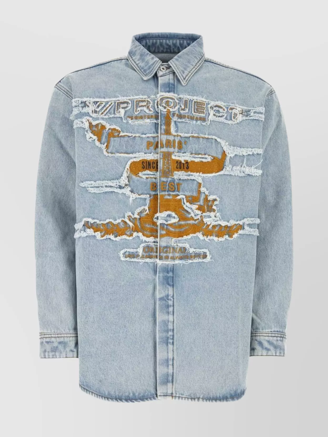 Shop Y/project Distressed Denim Shirt Featuring Graphic Print