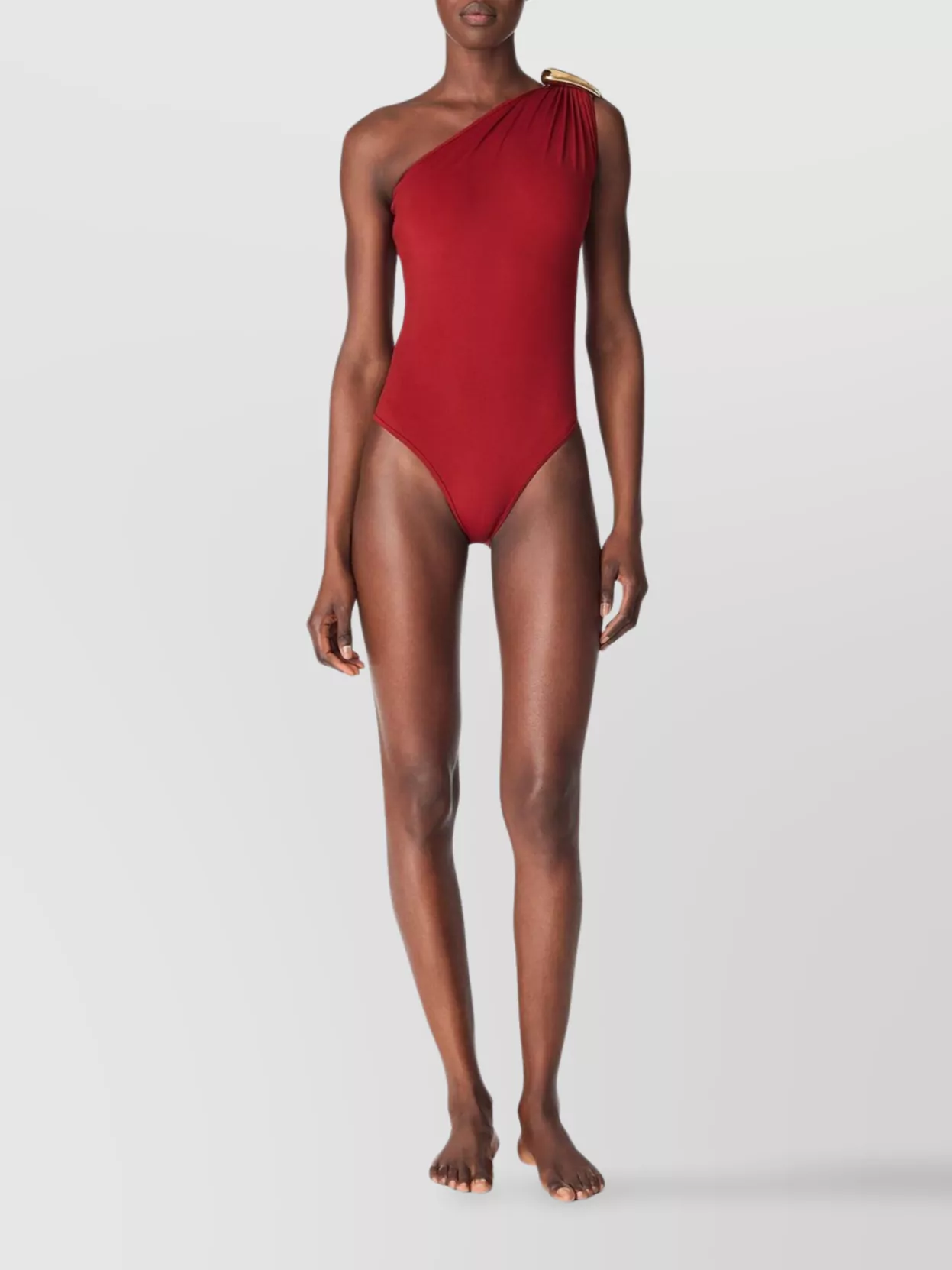 Bottega Veneta Gold-tone Hardware One-shoulder Swimsuit In Red