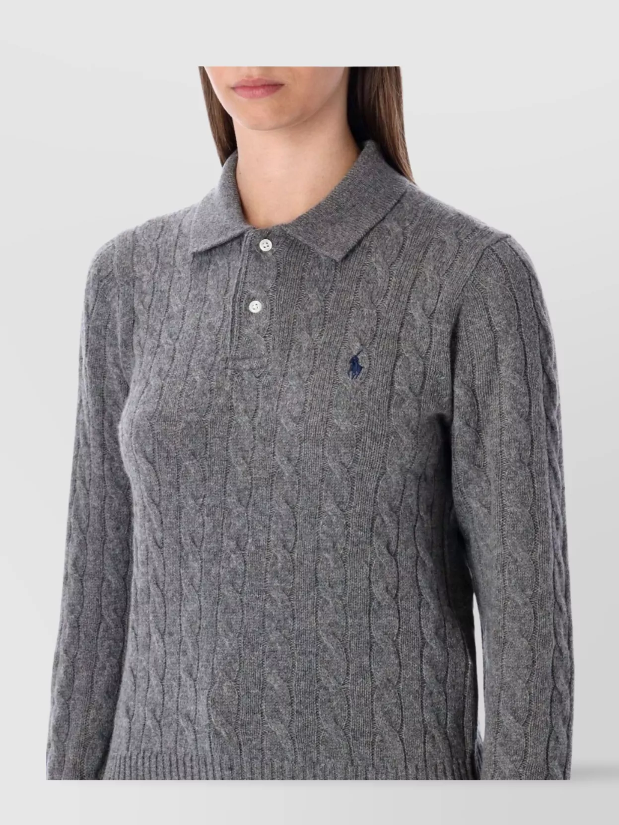 Polo Ralph Lauren Cable Knit Polo With Ribbed Cuffs And Hem In Gray