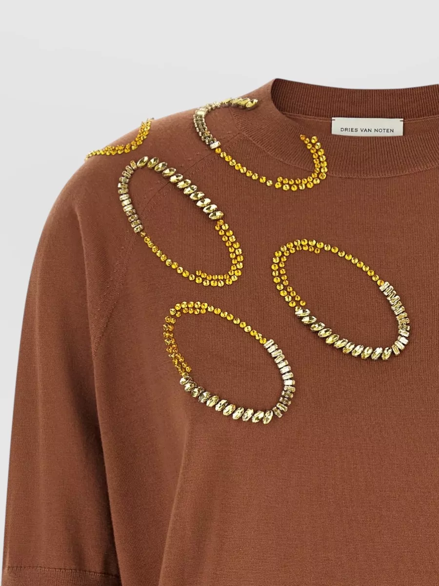Dries Van Noten Merino Wool Embellished Short-Sleeve Crew-Neck Sweater