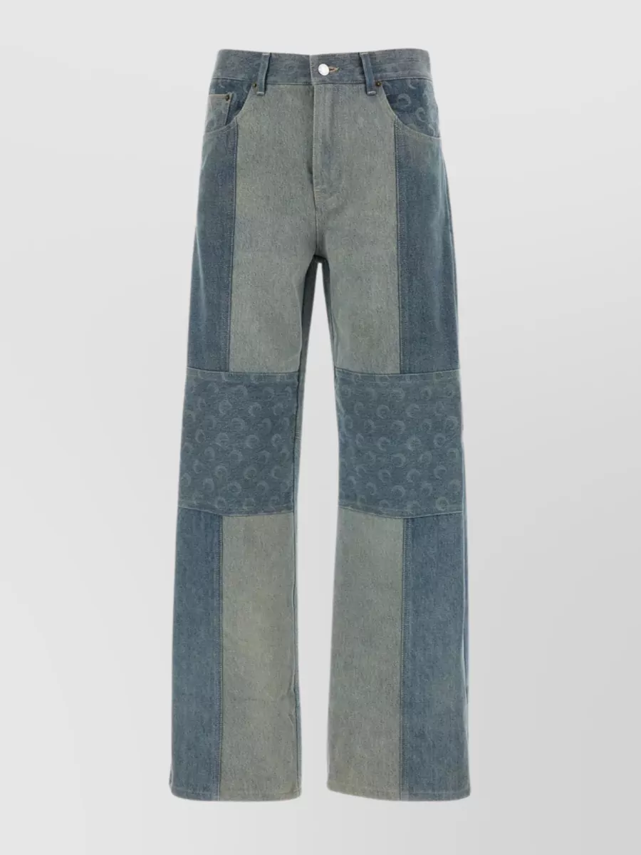 Shop Marine Serre Contrasting Stitching Wide-leg Denim Trousers In Blue
