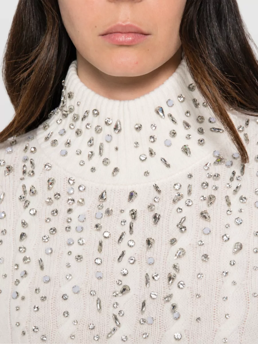 Ermanno Firenze Wool Cashmere Cable Knit Crystal Embellished Mock Neck Sweatshirt