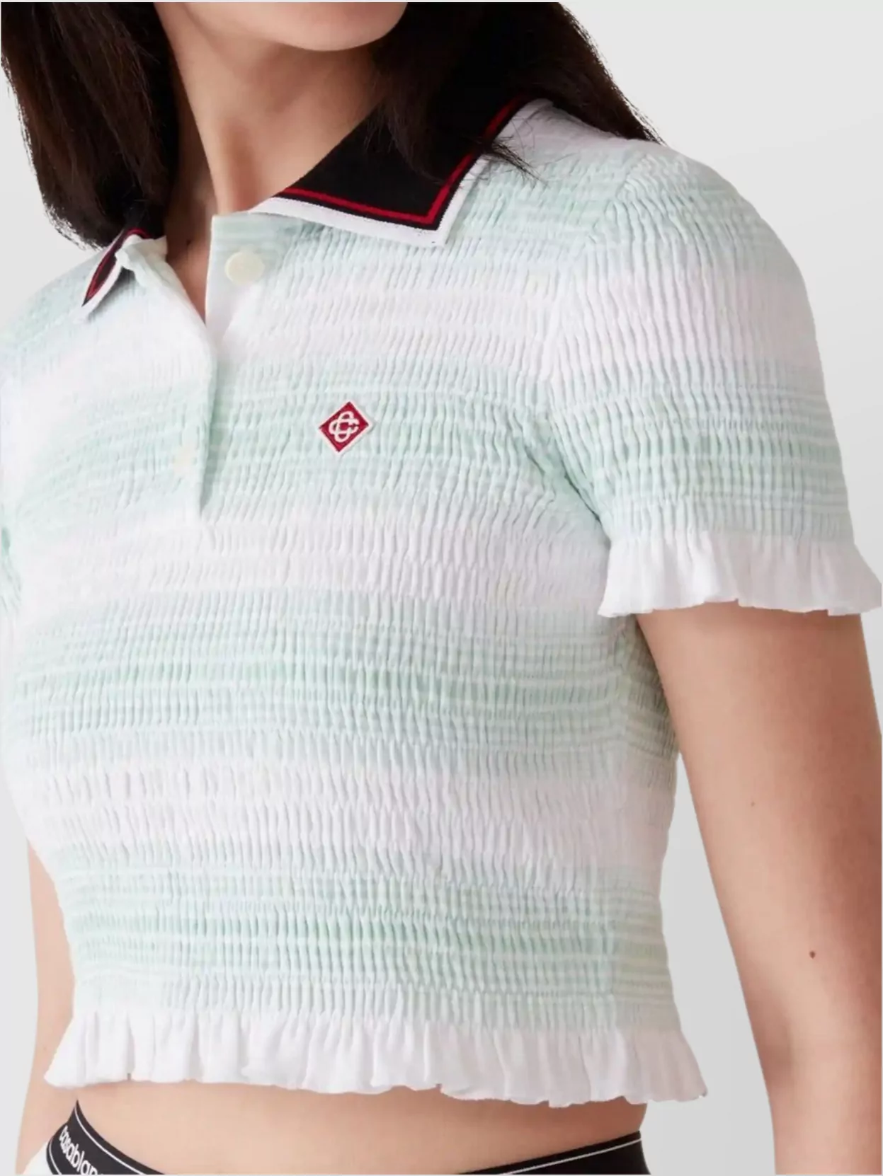 Casablanca Striped Shirred Polo Top