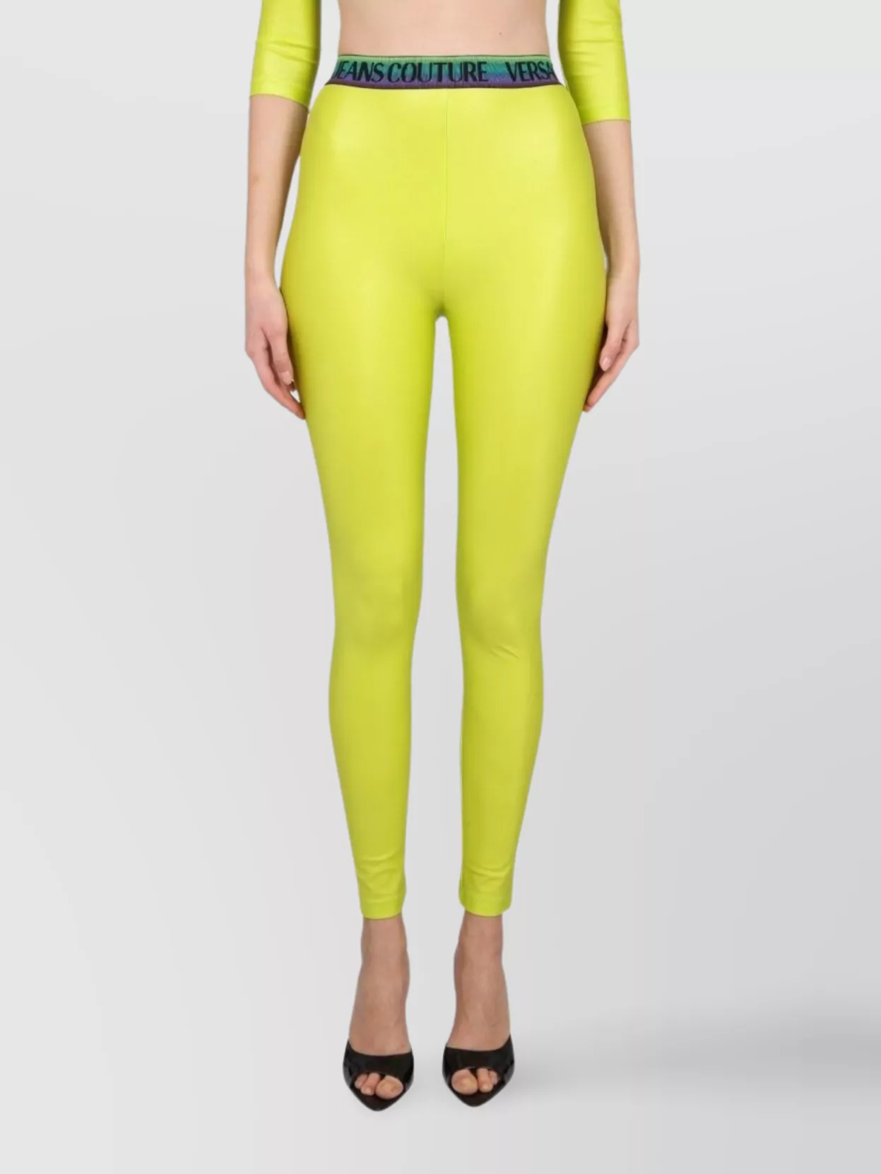 Versace Jeans Couture High-waisted Stretch Leggings Logo In Green