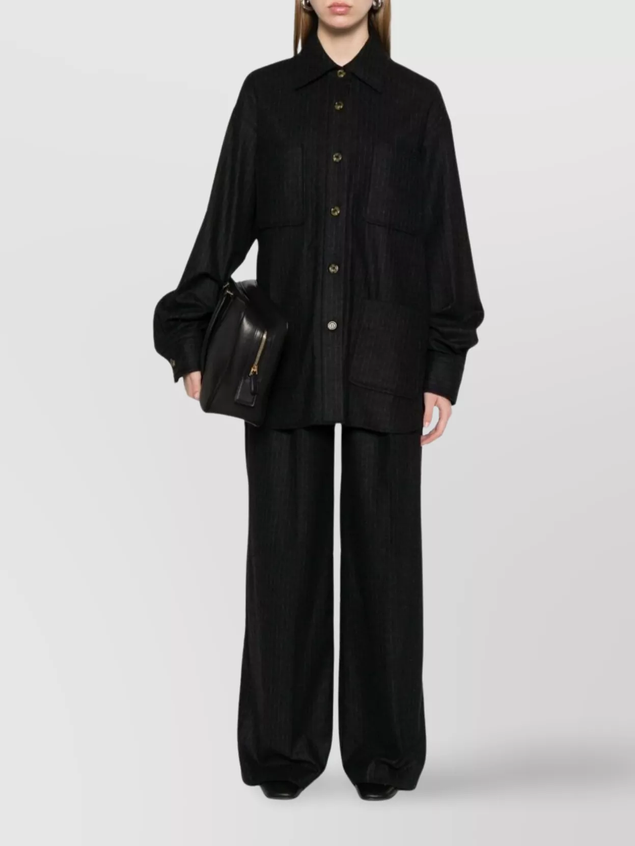 Le Sully Studio Pinstriped Wool Blend Shirt With Patch Pockets In Black