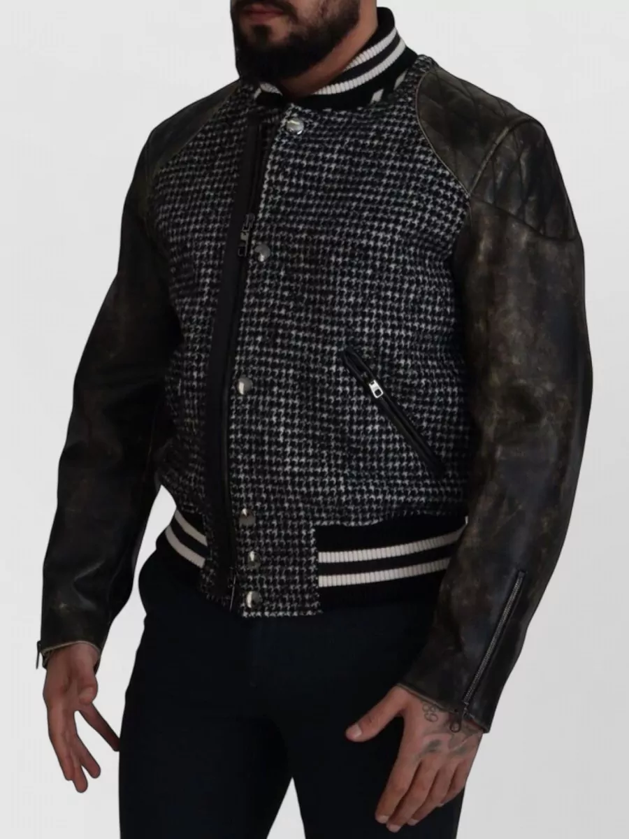 Dolce&Gabbana Leather Houndstooth Bomber Jacket