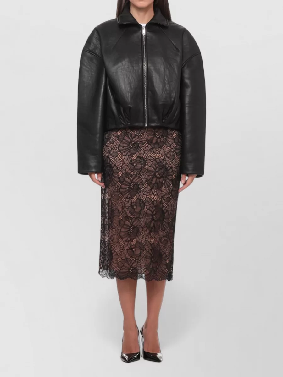Rotate Cropped Leather Coat Lace Detail Neckline