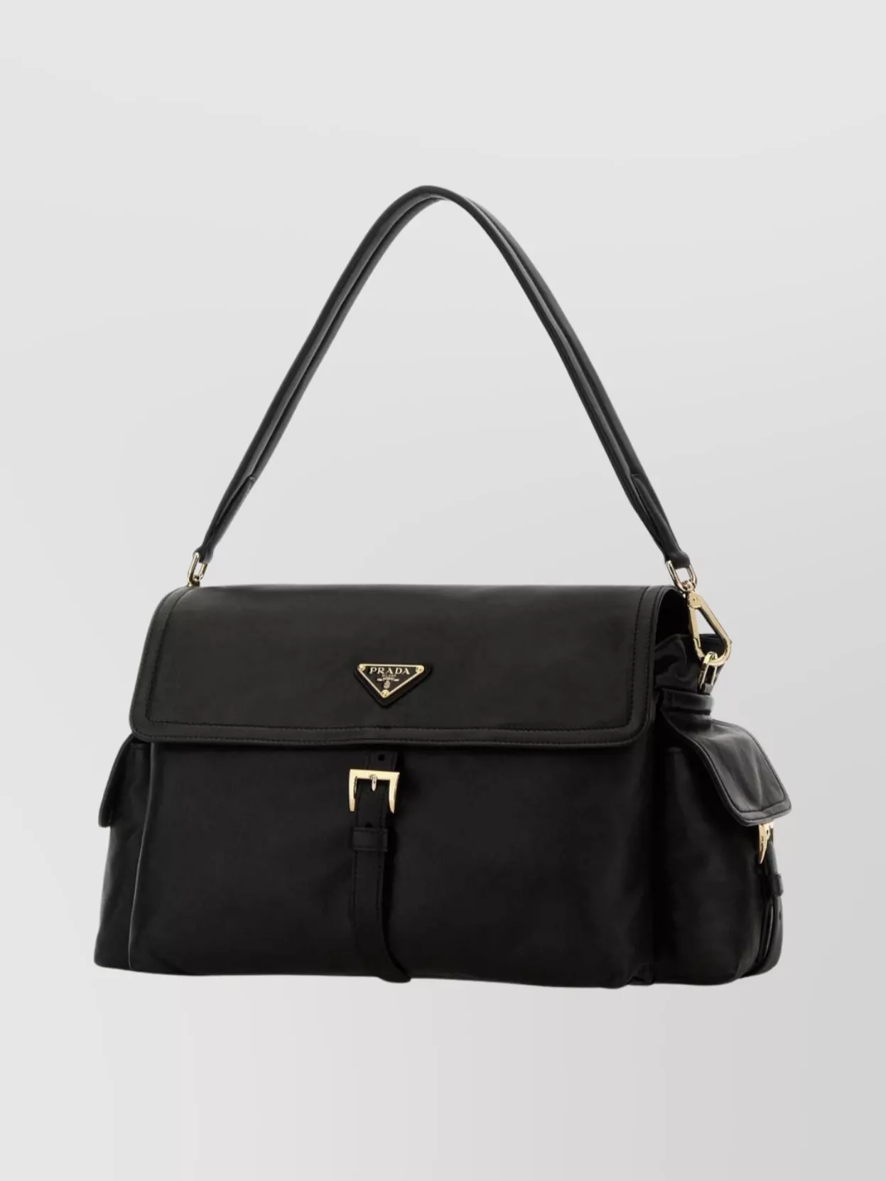 Prada Leather Shoulder Bag With Buckle And Pockets In Black