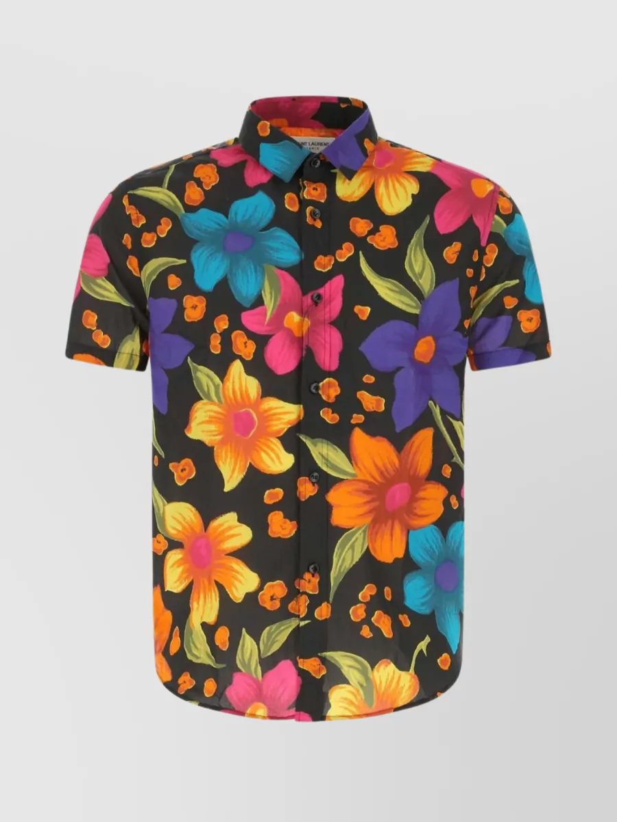 Shop Saint Laurent Floral Short Sleeve Shirt In Brown