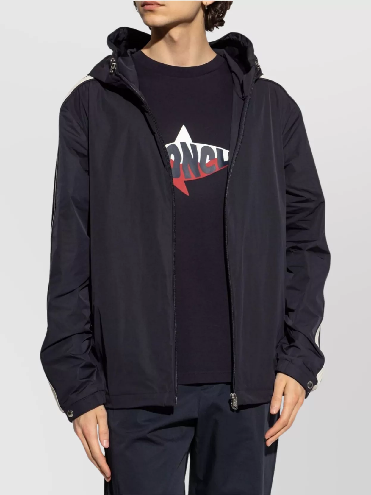 Moncler Hooded Jacket With Embroidered Sleeve Stripes
