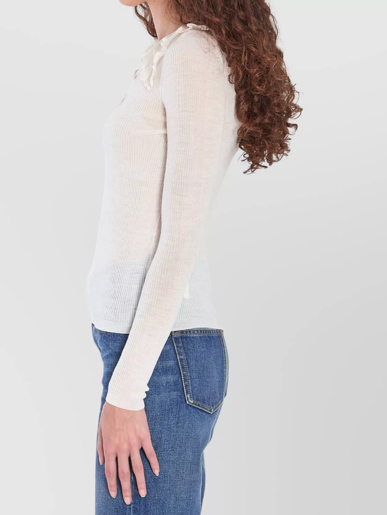 Chloé Lace Collar Ribbed Texture V-neck Shirt In Blue