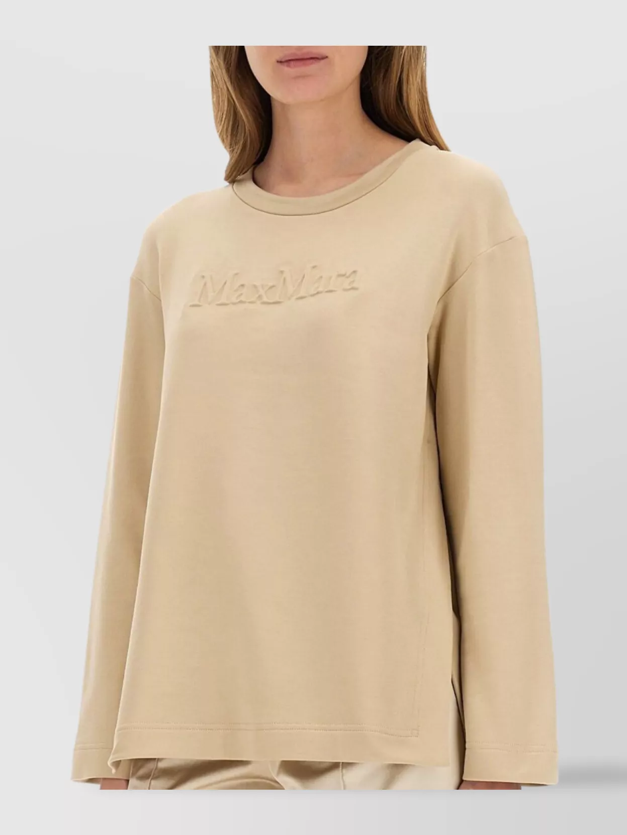 Max Mara Long Sleeve Knit Sweatshirt With Side Slits In Neutral
