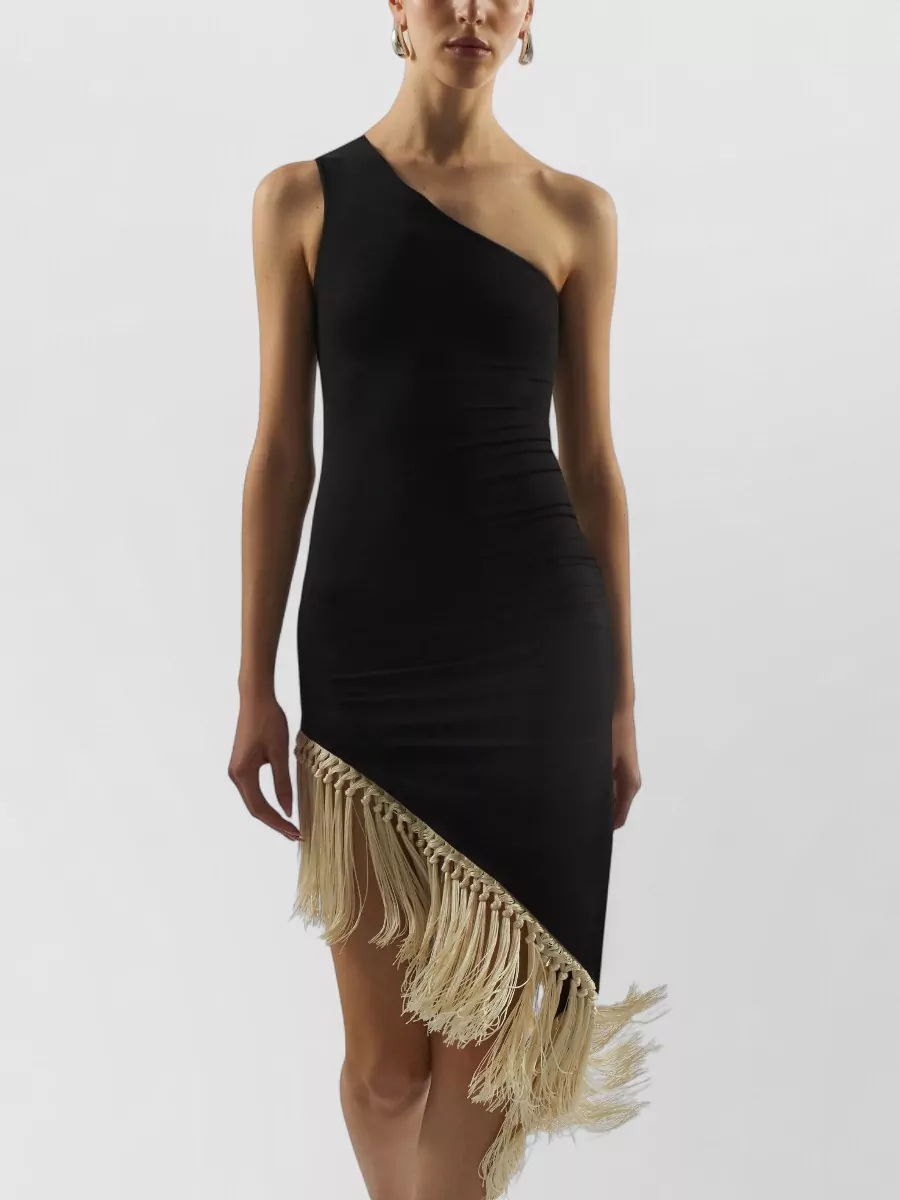 Taller Marmo One-Shoulder Sleeveless Asymmetric Fringe Mini Dress